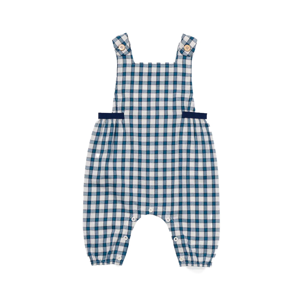Front view of Scout Baby Overall in Blue Picnic Check showcasing gingham twill, buttoned straps and snap closures against a white background
