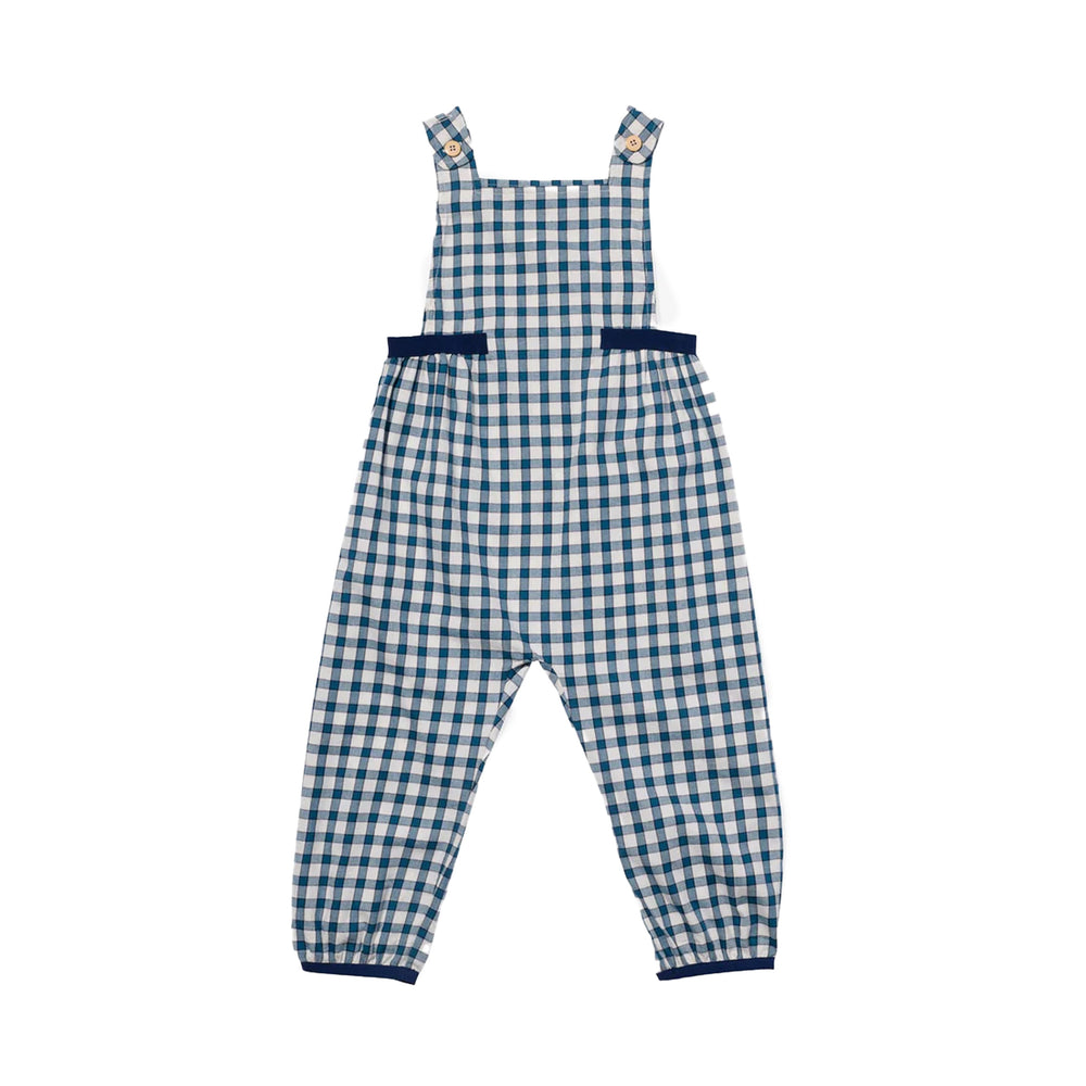 Front flat-lay of Scout overall in blue gingham check with adjustable button straps, side pockets, and elastic ankle cuffs