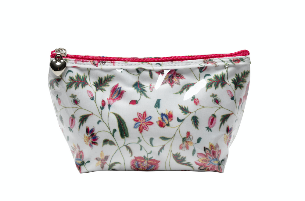 Front view of Small Cosmetic Bag showing floral print, glossy waterproof coating, and pink zipper with heart-shaped slider on white background