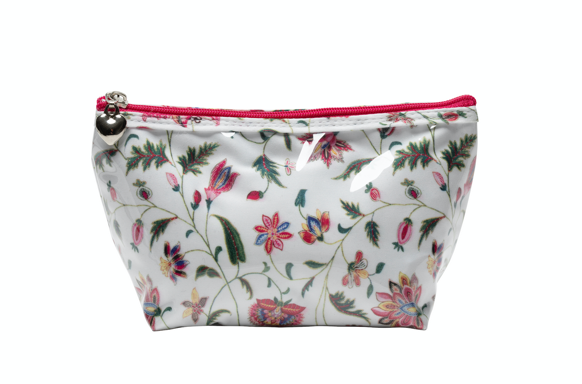 Front view of Small Cosmetic Bag showing floral print, glossy waterproof coating, and pink zipper with heart-shaped slider on white background