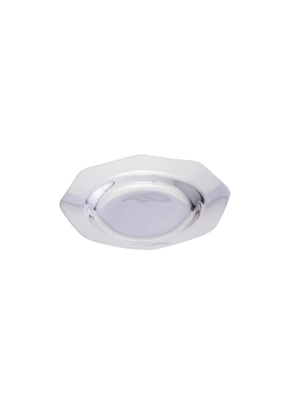 Angled view of Hexagon Coaster, Set of 4 showcasing its silver-plated brass finish and faceted hexagon shape on white