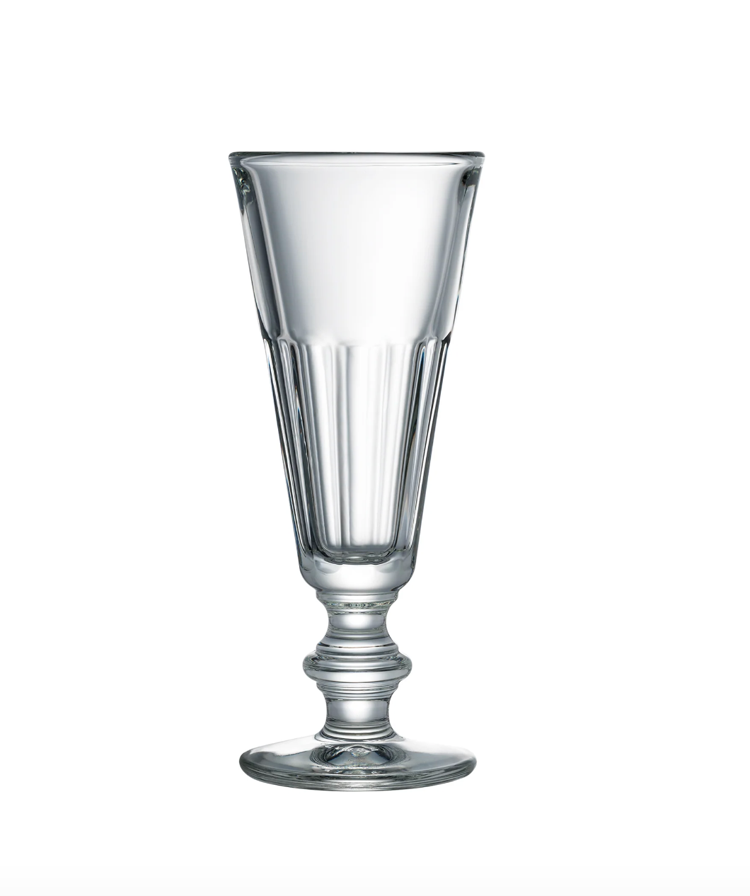 Front view of Perigold champagne flute showcasing vertical fluted ribs and turned stem on white background