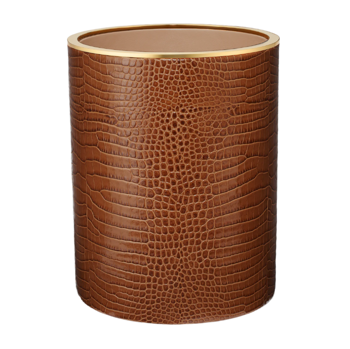 Front view of Classic Croc leather wastebasket in chestnut showing croc-embossed leather and brass top rim on white background