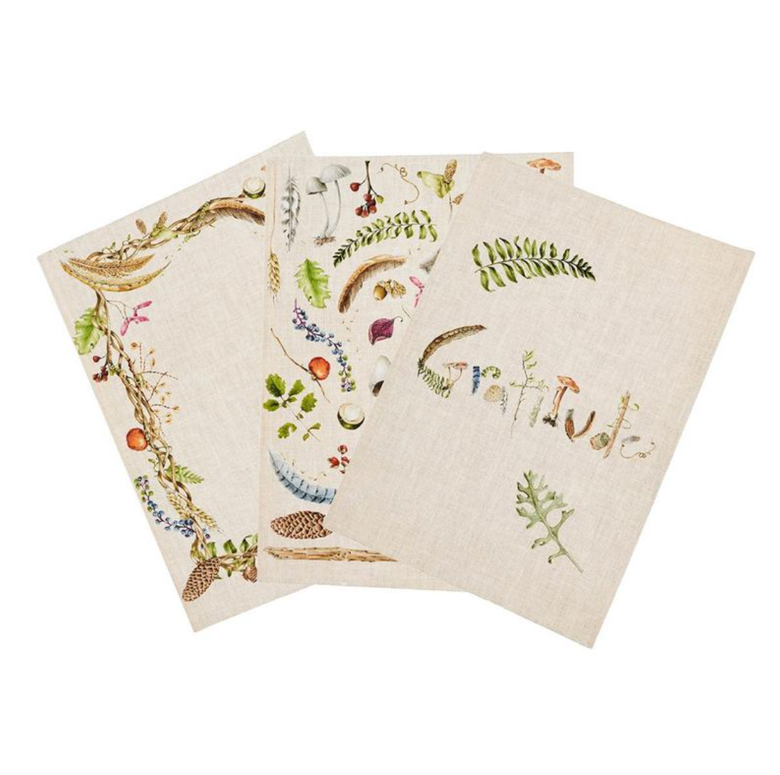 Overhead view of Forest Walk Journal set of three showcasing botanical motifs on recycled cotton with white background