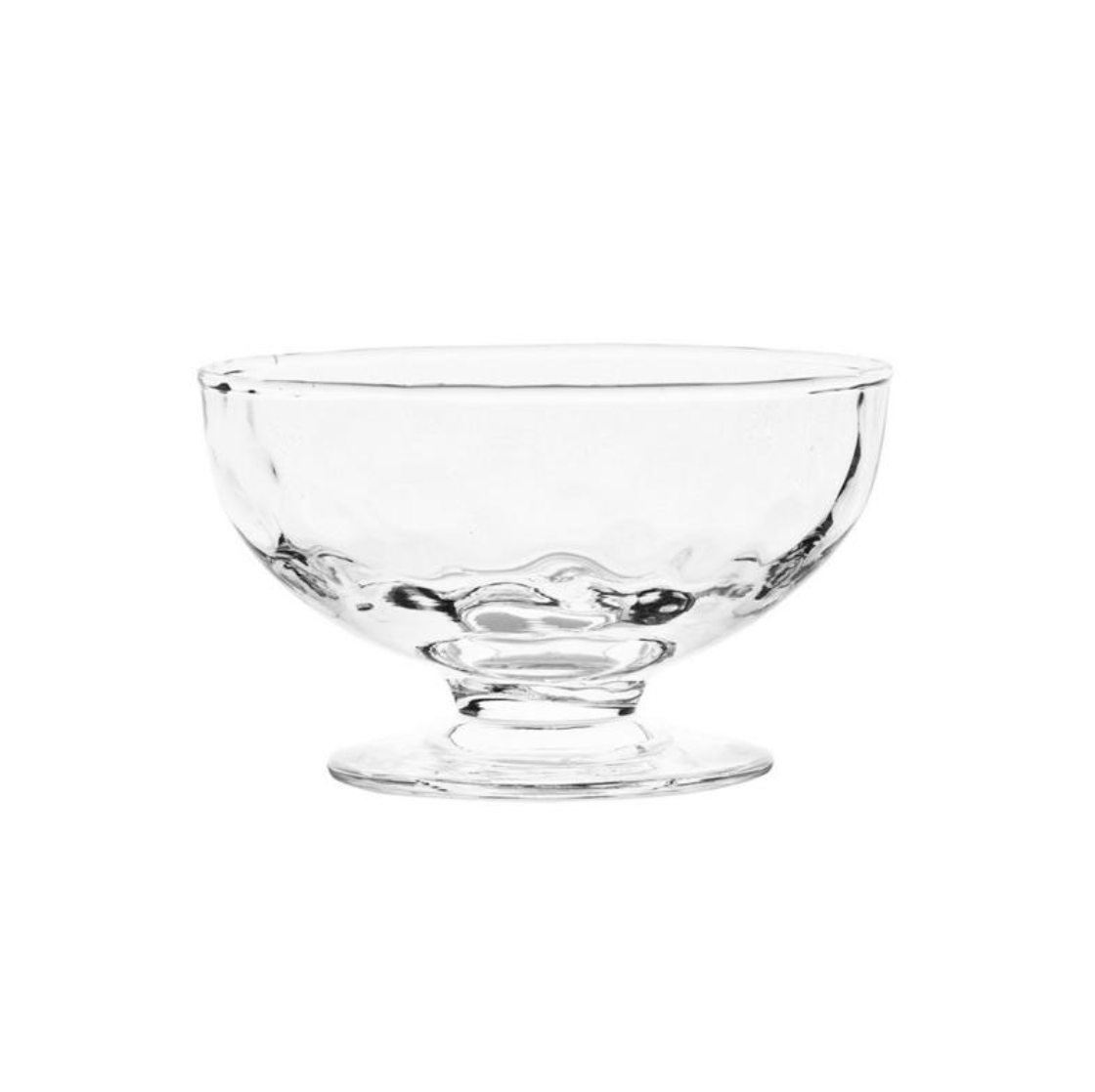 Front view of Puro 5 inch Footed Bowl showcasing its clear glass pedestal and textured lower bowl with a white background