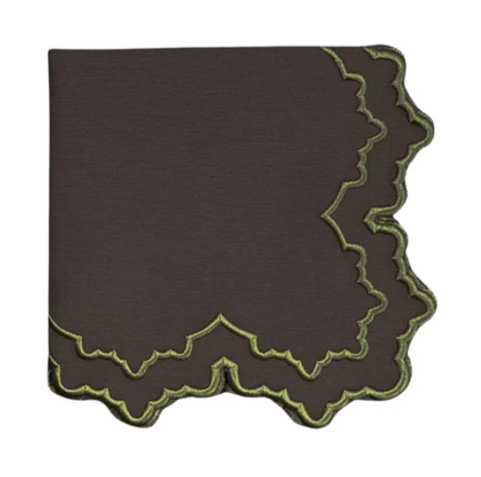 Front view of Whitley Napkin in Cocoa showcasing leafy scalloped edges and silk embroidery on a white background