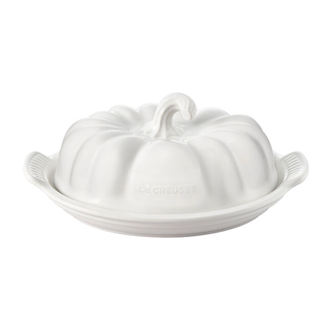 Front view of Le Creuset pumpkin butter dish showing pumpkin-shaped lid, side handles and embossed Le Creuset logo on white background