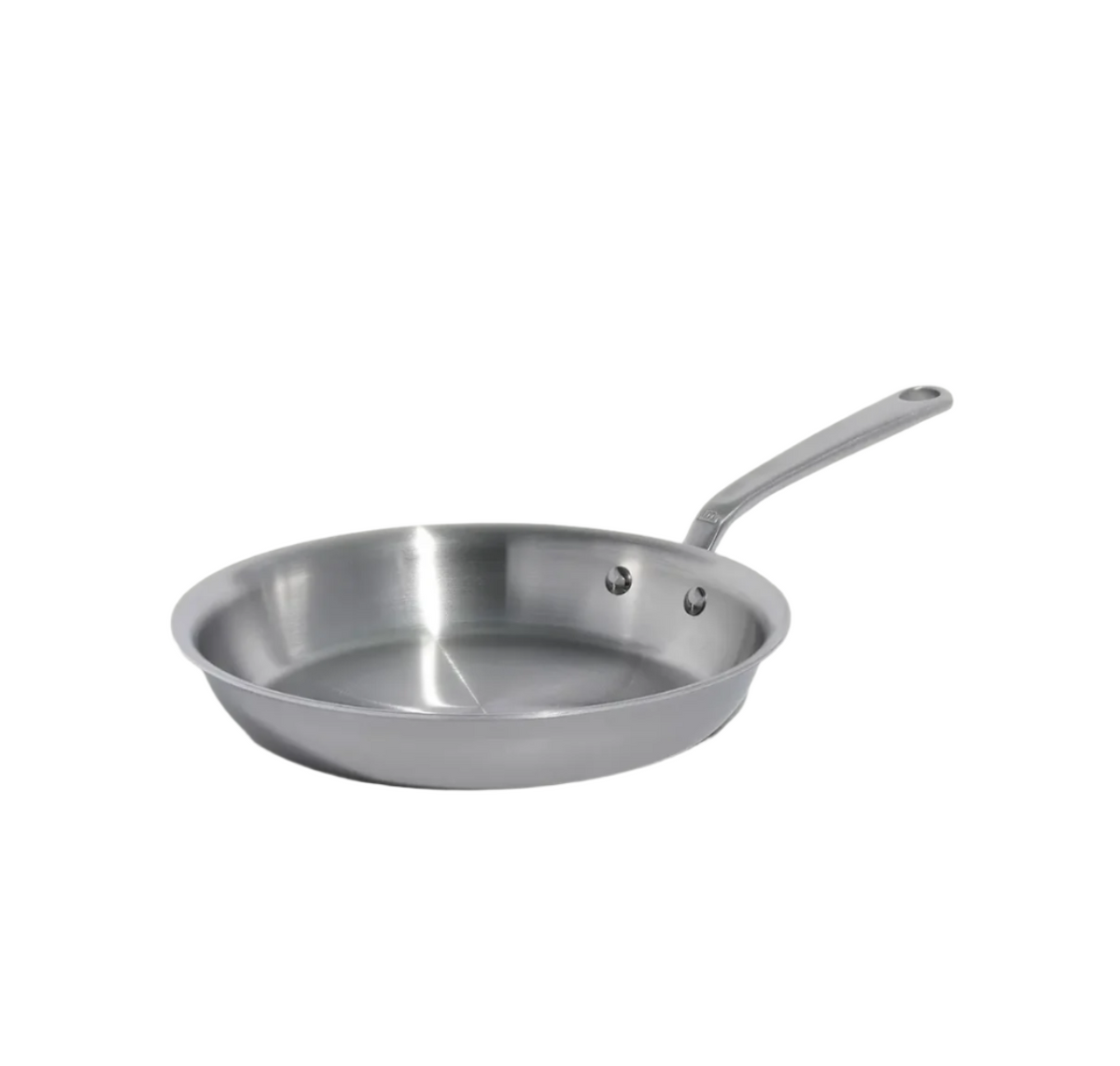 Angled view of Stainless Clad Fry Pan 10 inch showcasing its stainless steel surface and long handle on a white background