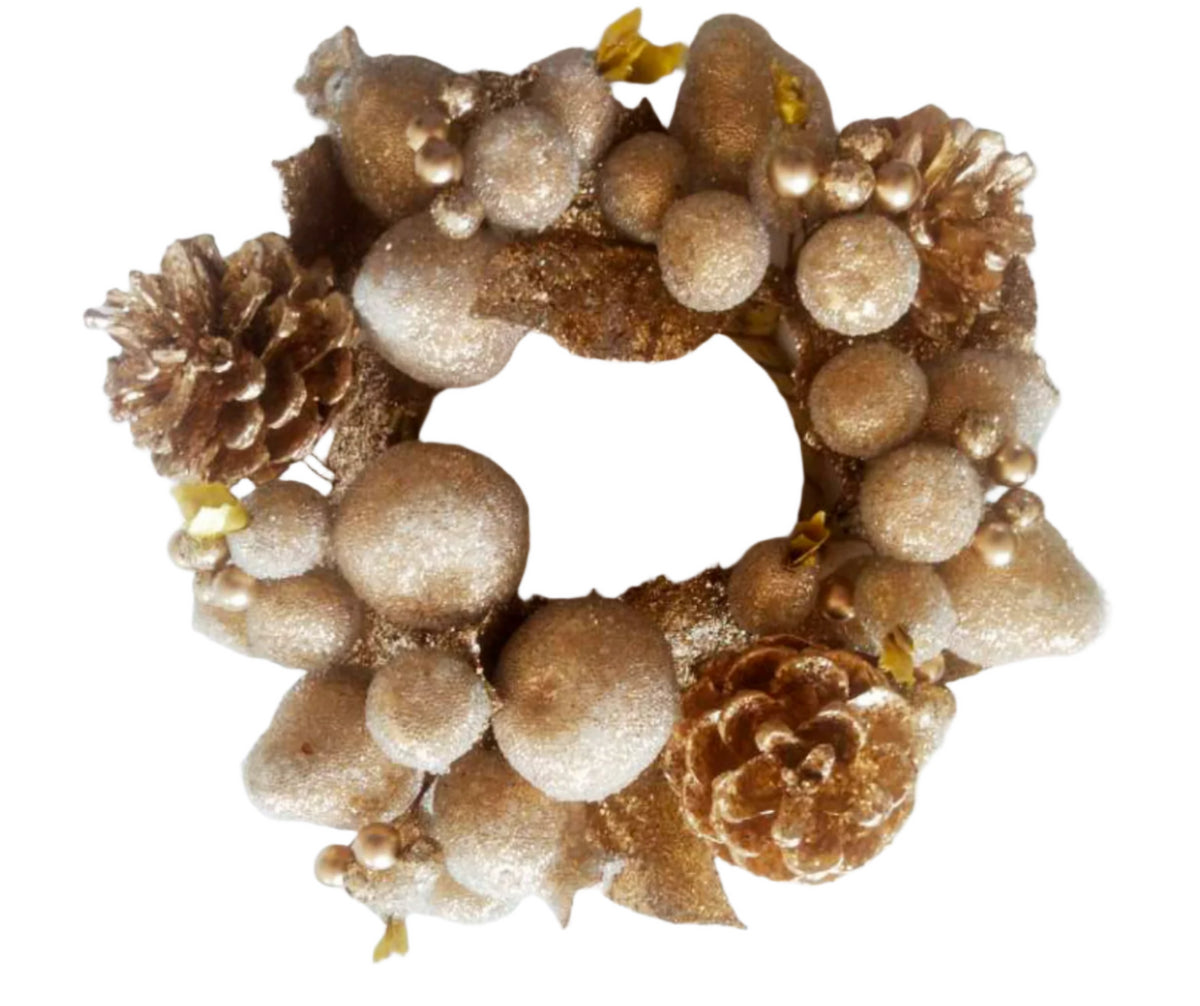 4" Ivory & Gold Beaded Fruit Candle Ring/Wreath