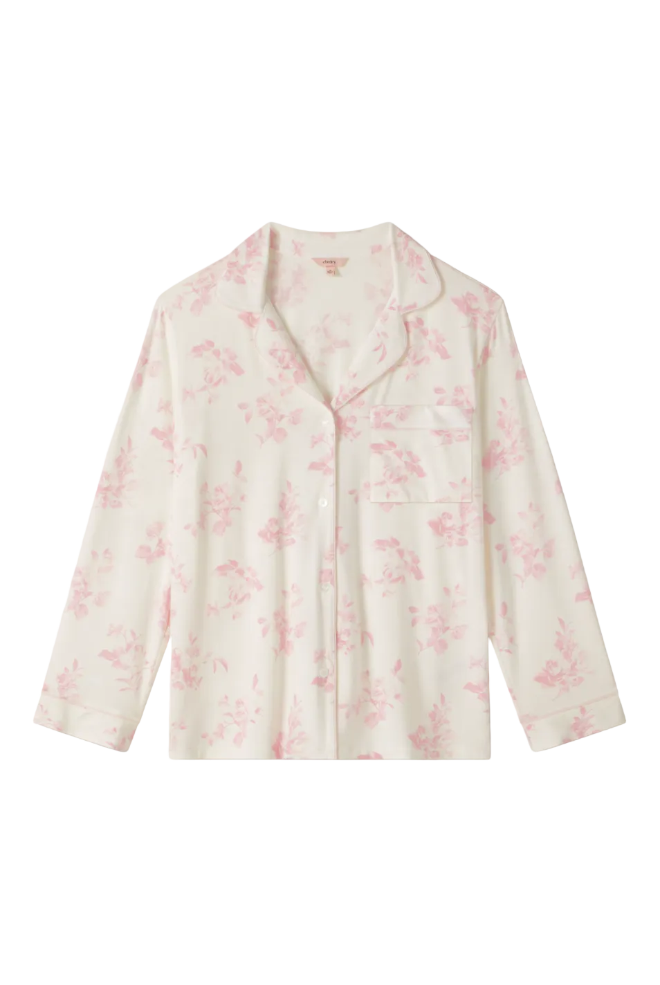 Front view of Gisele Printed Long PJ top showcasing pink floral print, notch collar, pocket, and button front on white