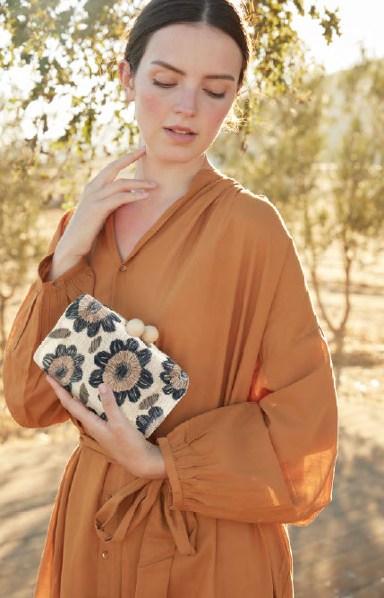 Bryn Embroidered Straw Clutch Bag in Brown Floral