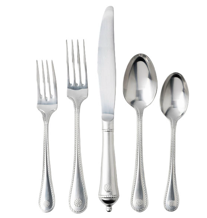 Front view of Berry and Thread 5-piece place setting showcasing beaded-edge handles and bright satin stainless finish on white background