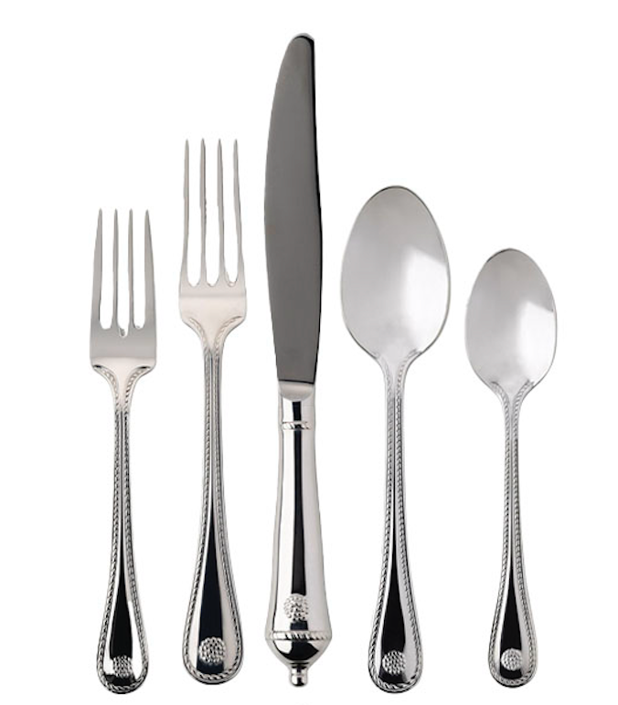 Front view of Berry & Thread 20-Piece Place Setting in Polished showcasing decorative motifs on stainless steel utensils against white