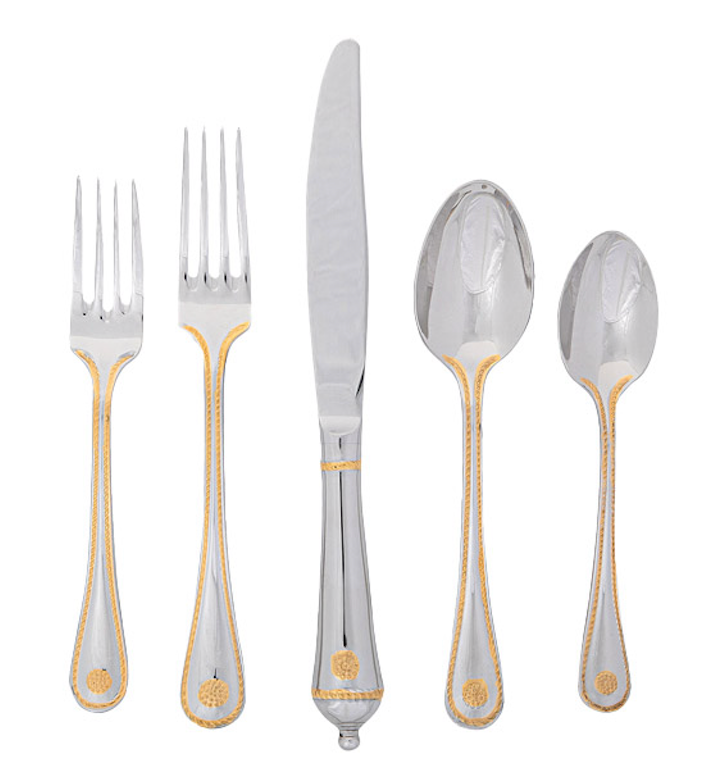 Front view of Berry & Thread 20-Piece Place Setting showcasing stainless steel with 24-karat gold accents on white