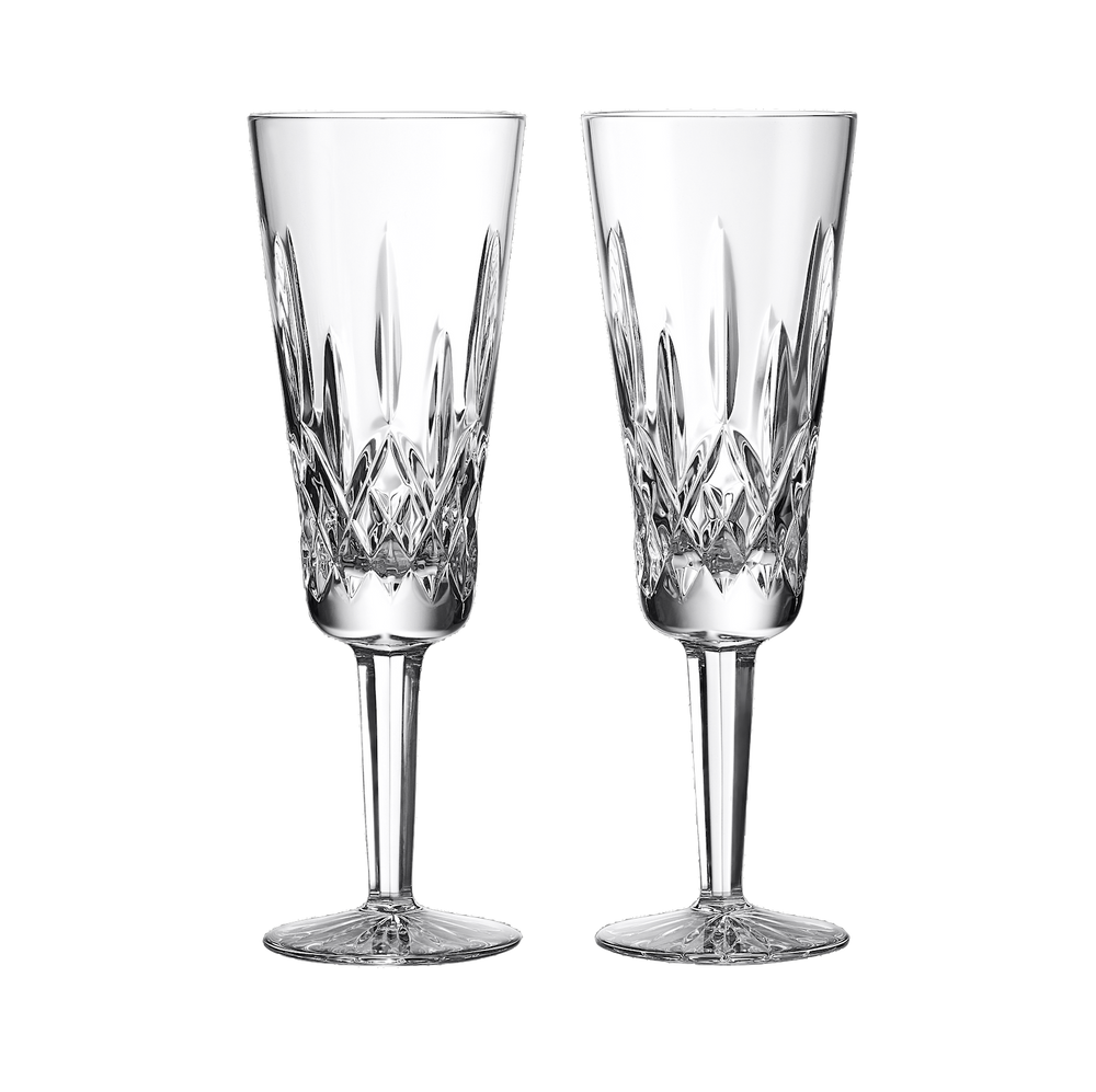 Front view of Lismore Flute, Set of 2 showcasing clear crystal with a faceted Lismore pattern on a black background