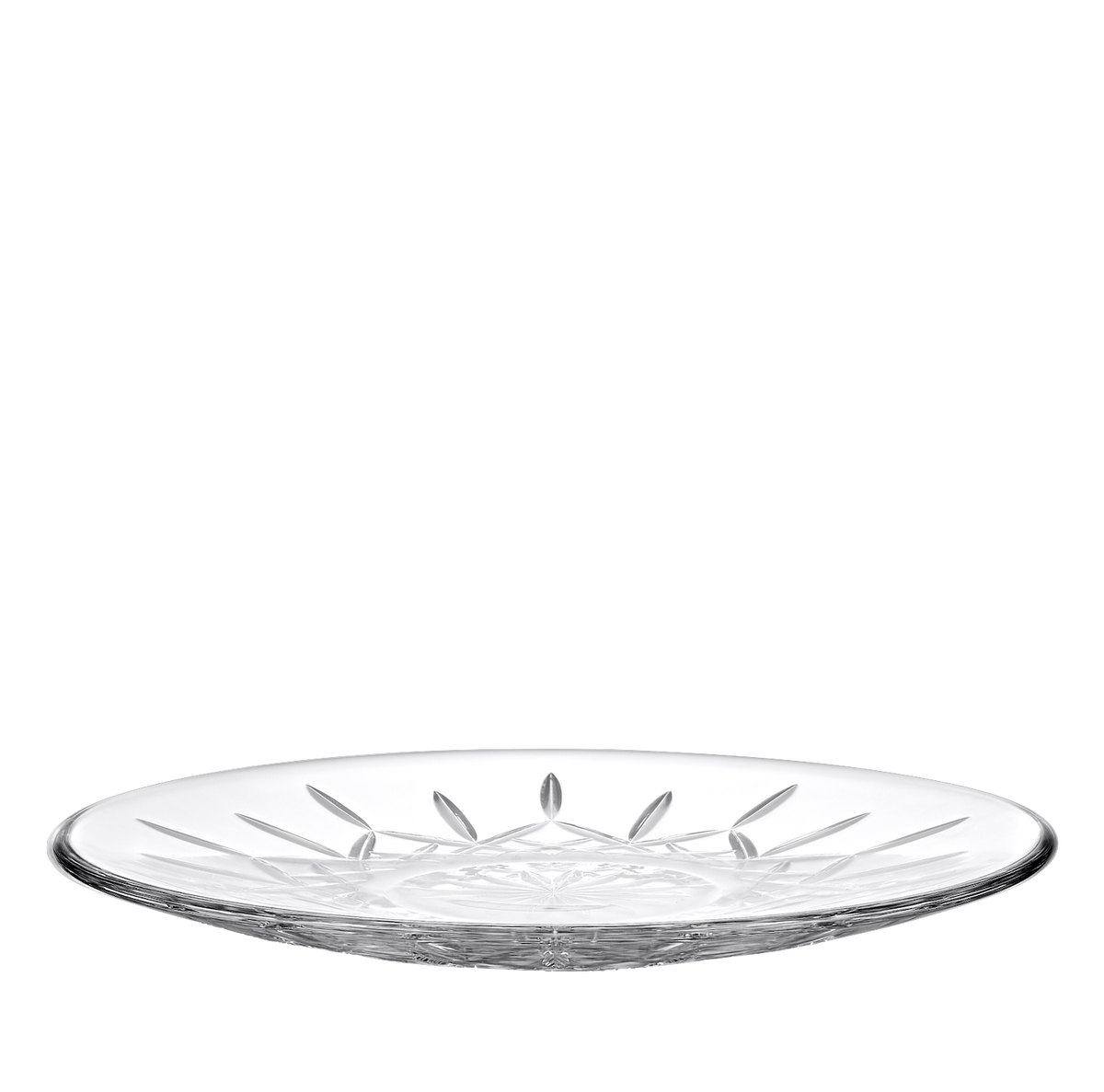 Angled view of Waterford Lismore Decorative Plate showcasing clear crystal and intricate cut glass pattern on a black background
