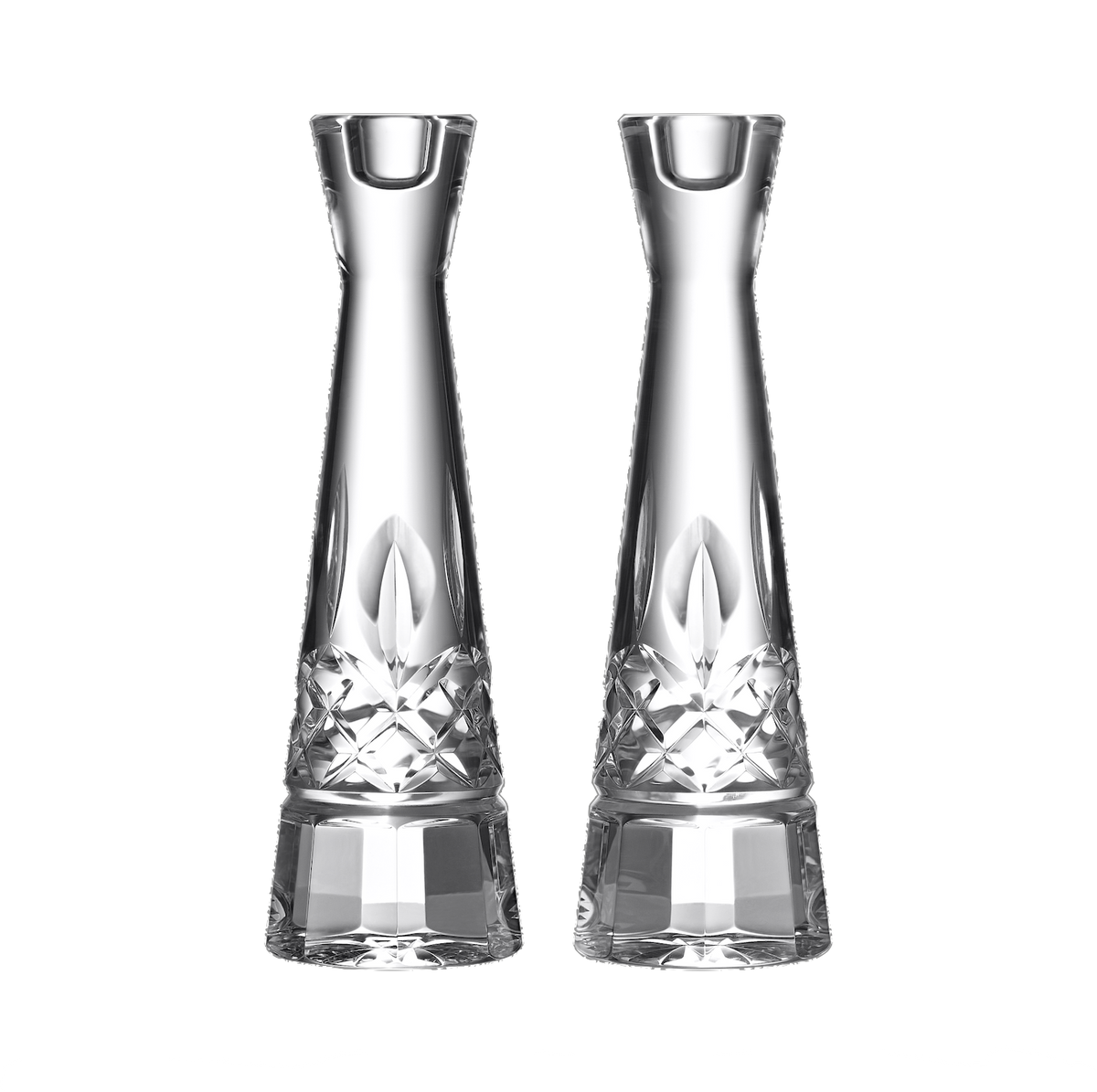 Front view of two Lismore crystal candlesticks showing diamond-cut pattern and tapered shape on white background