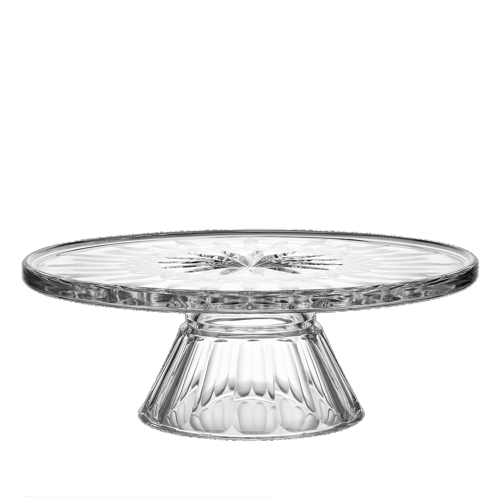 Front view of Lismore crystal cake stand showcasing intricate cut glass detailing against a transparent background