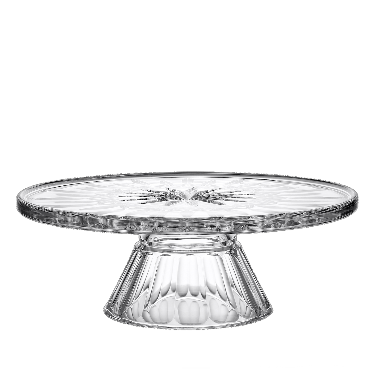 Front view of Lismore crystal cake stand showcasing intricate cut glass detailing against a transparent background