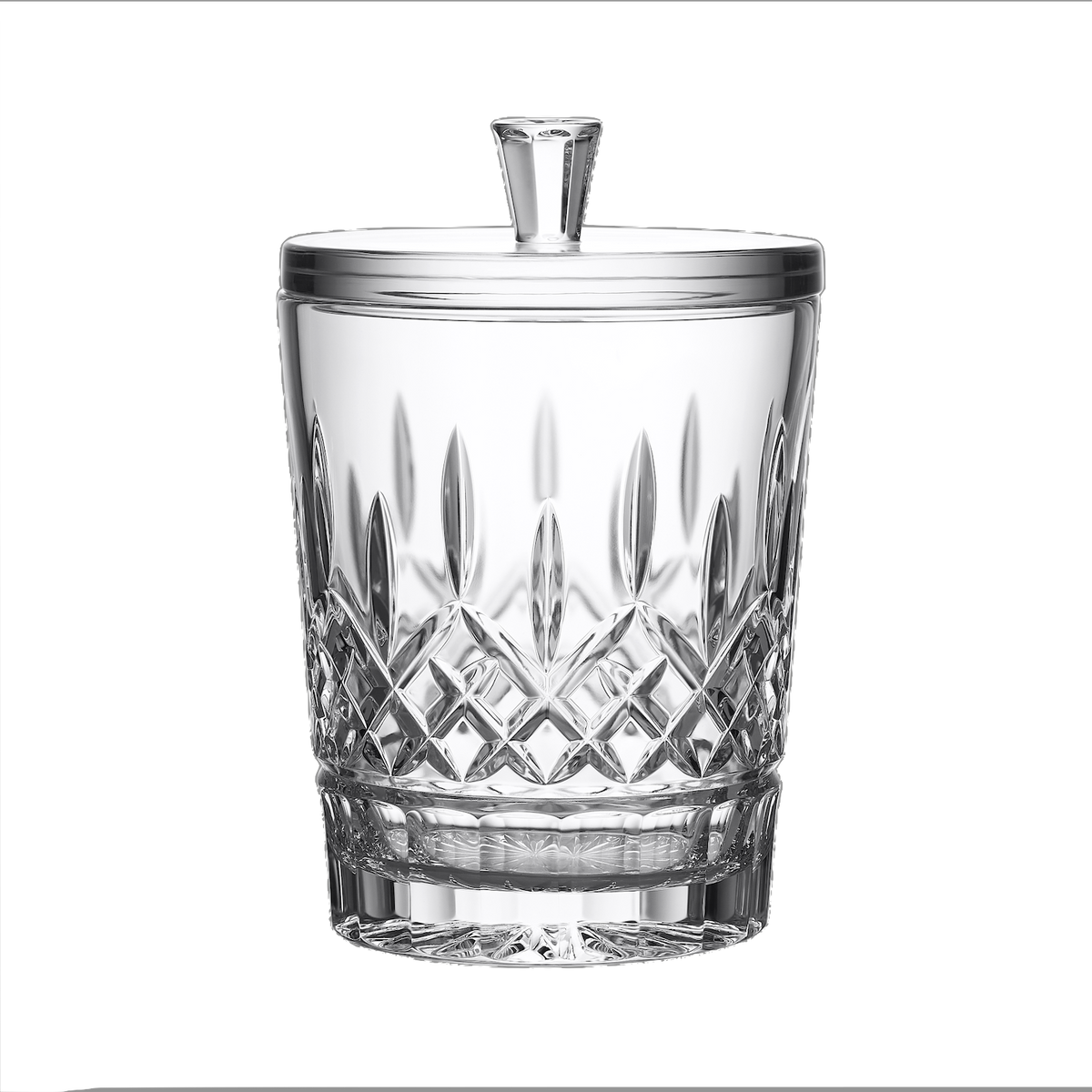Front view of Lismore Biscuit Barrel 7.5in showcasing its faceted crystal Lismore pattern with a black background