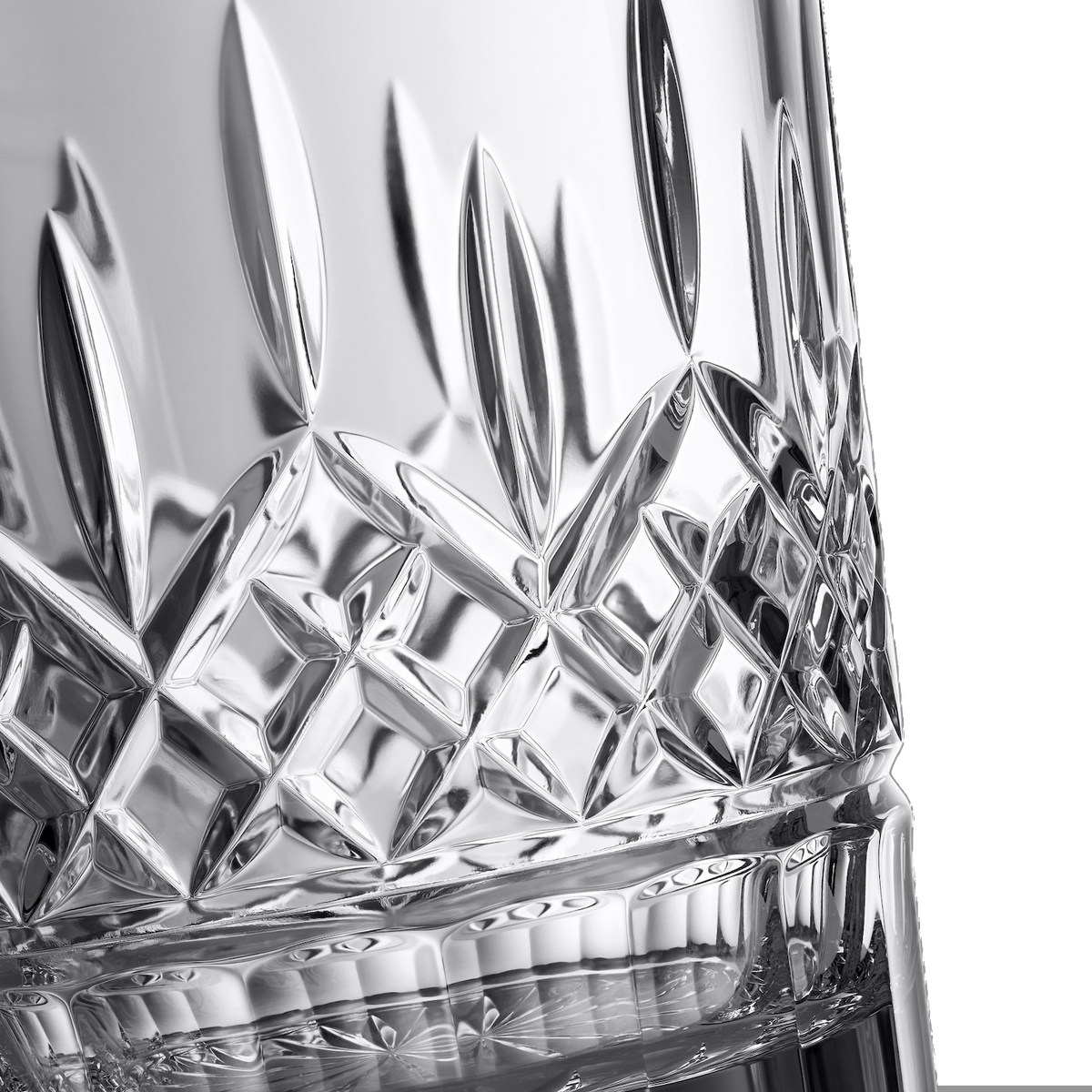 Close-up of Lismore Biscuit Barrel 7.5in showcasing its faceted crystal Lismore pattern against a black background