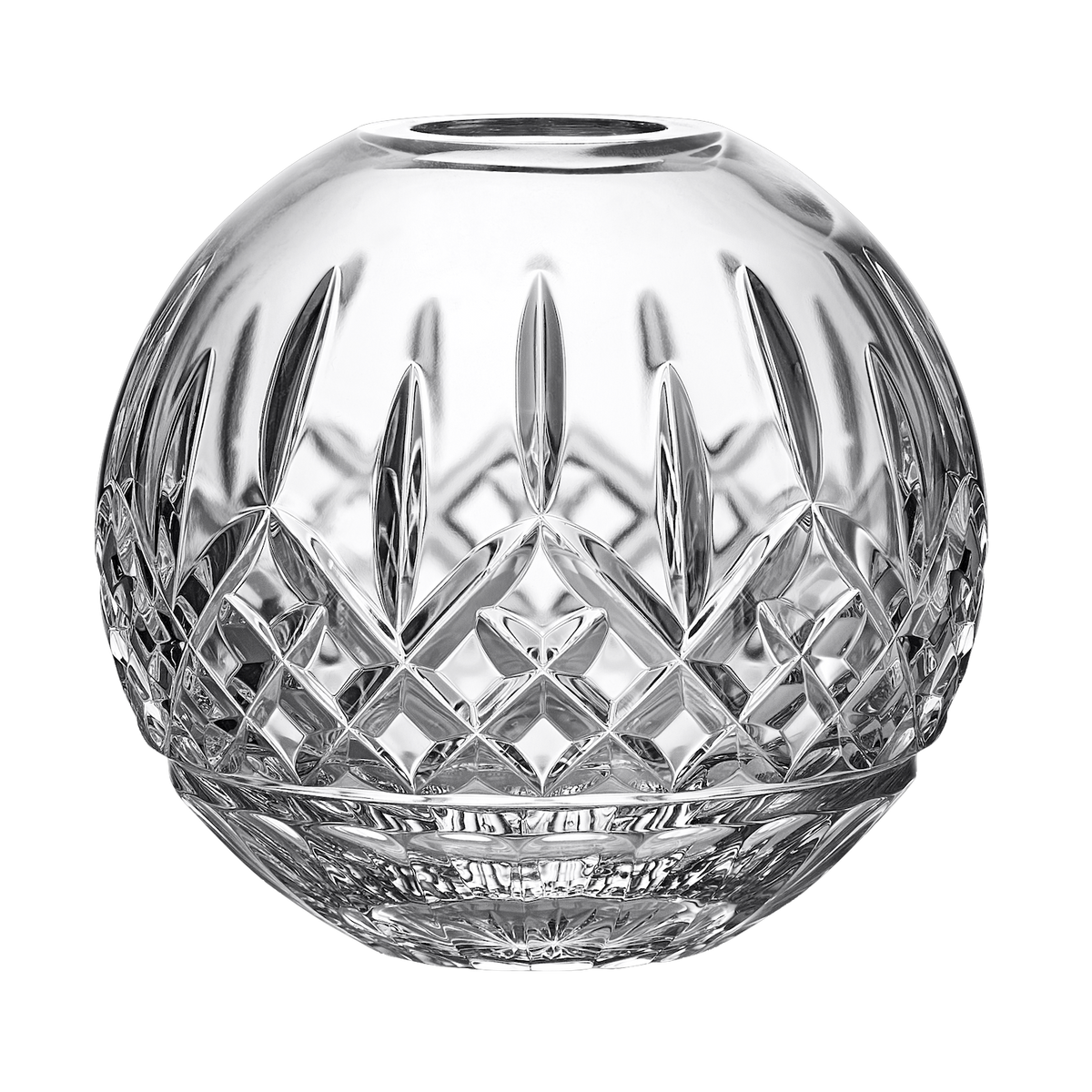 Front view of Waterford Lismore crystal rose bowl showcasing intricate cut crystal pattern against a black background