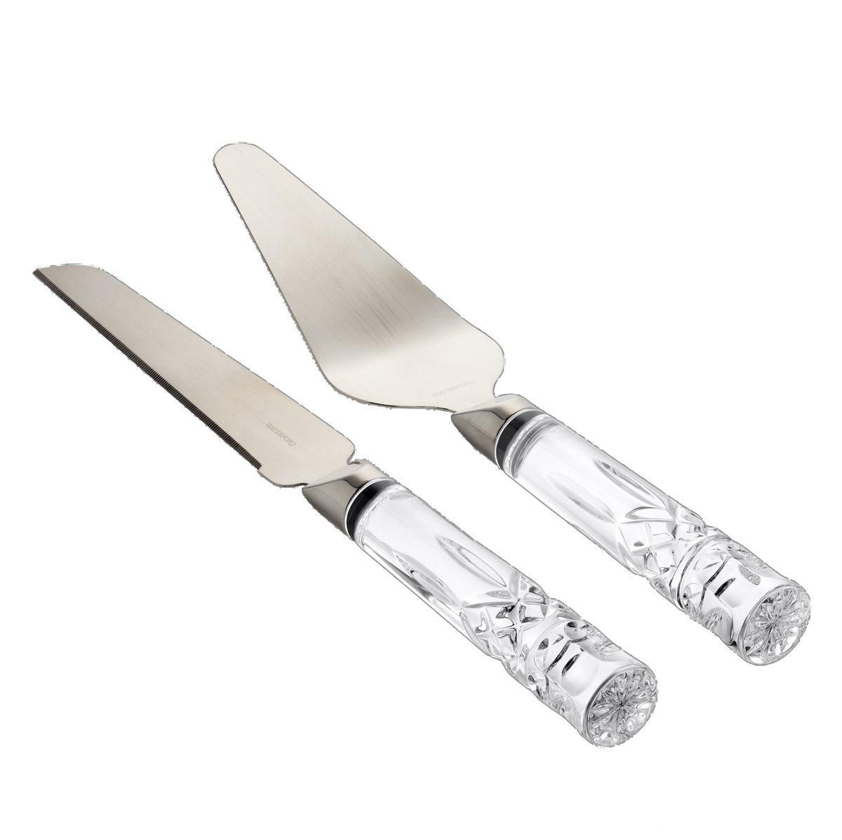 Angled view of Waterford Lismore crystal cake knife and server set showcasing faceted crystal handles on a transparent background
