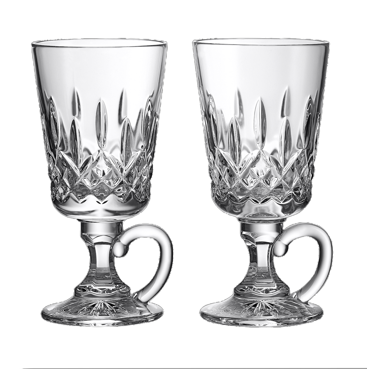 Front view of Lismore Irish coffee glasses showcasing hand-cut crystal pattern and pedestal handles on a black background