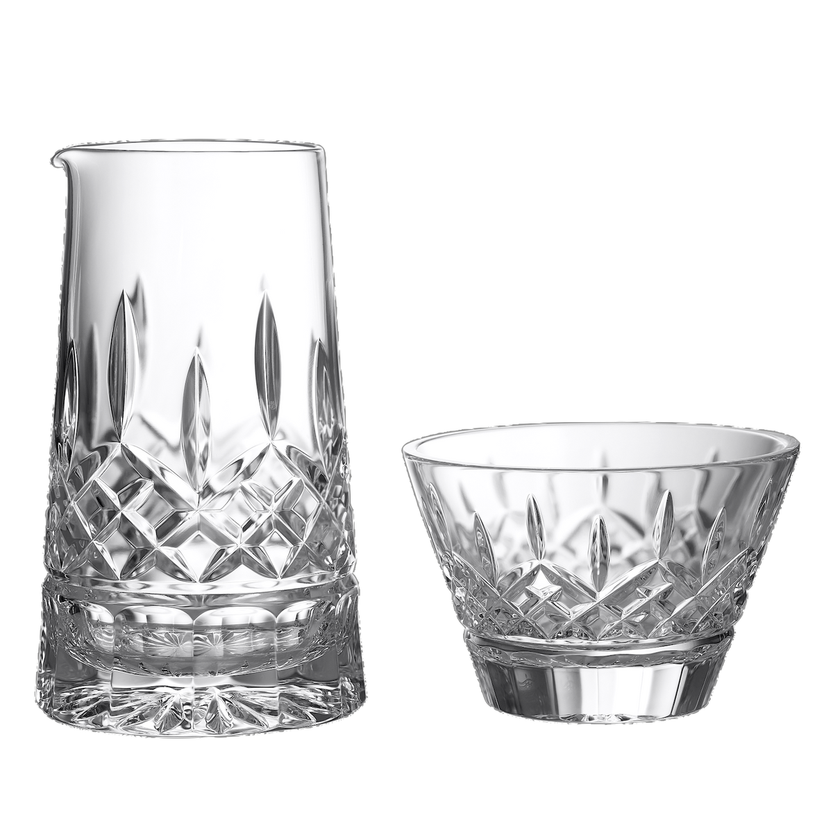 Front view of Lismore Sugar & Creamer Set showcasing cut crystal pattern on black background