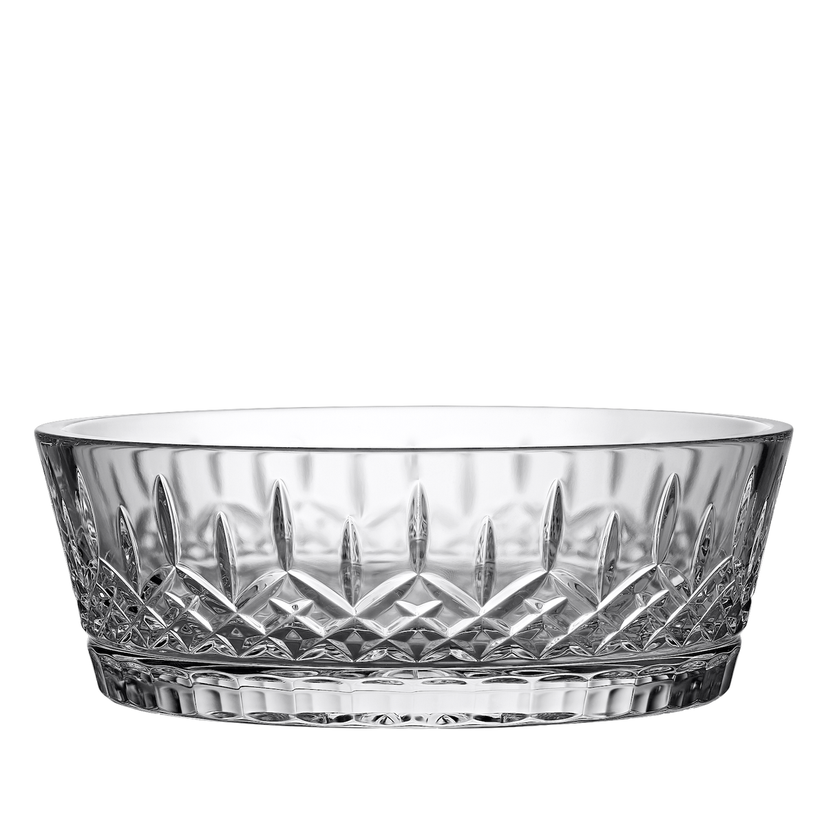 Front view of Waterford Lismore Low Bowl 10in showcasing an intricate cut crystal pattern on a black background