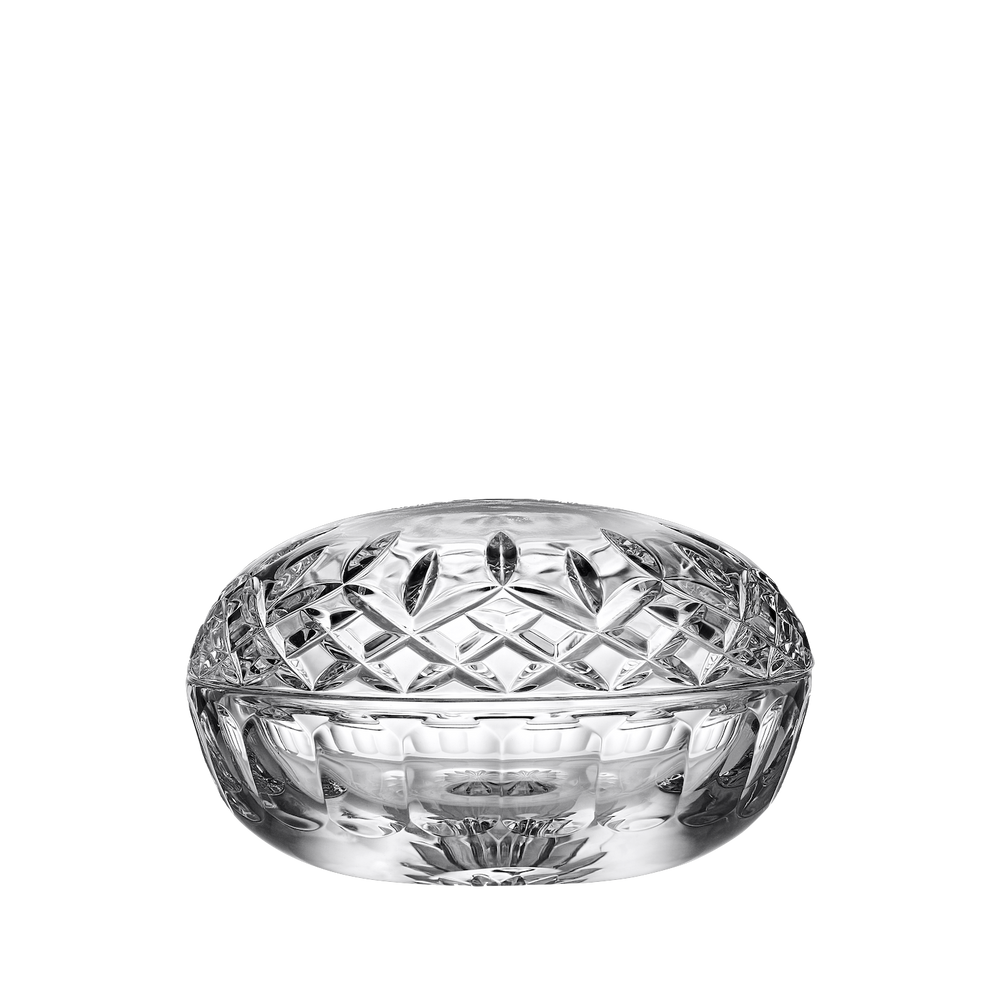 Front view of Lismore Covered Box showcasing ornate cut crystal pattern with black background