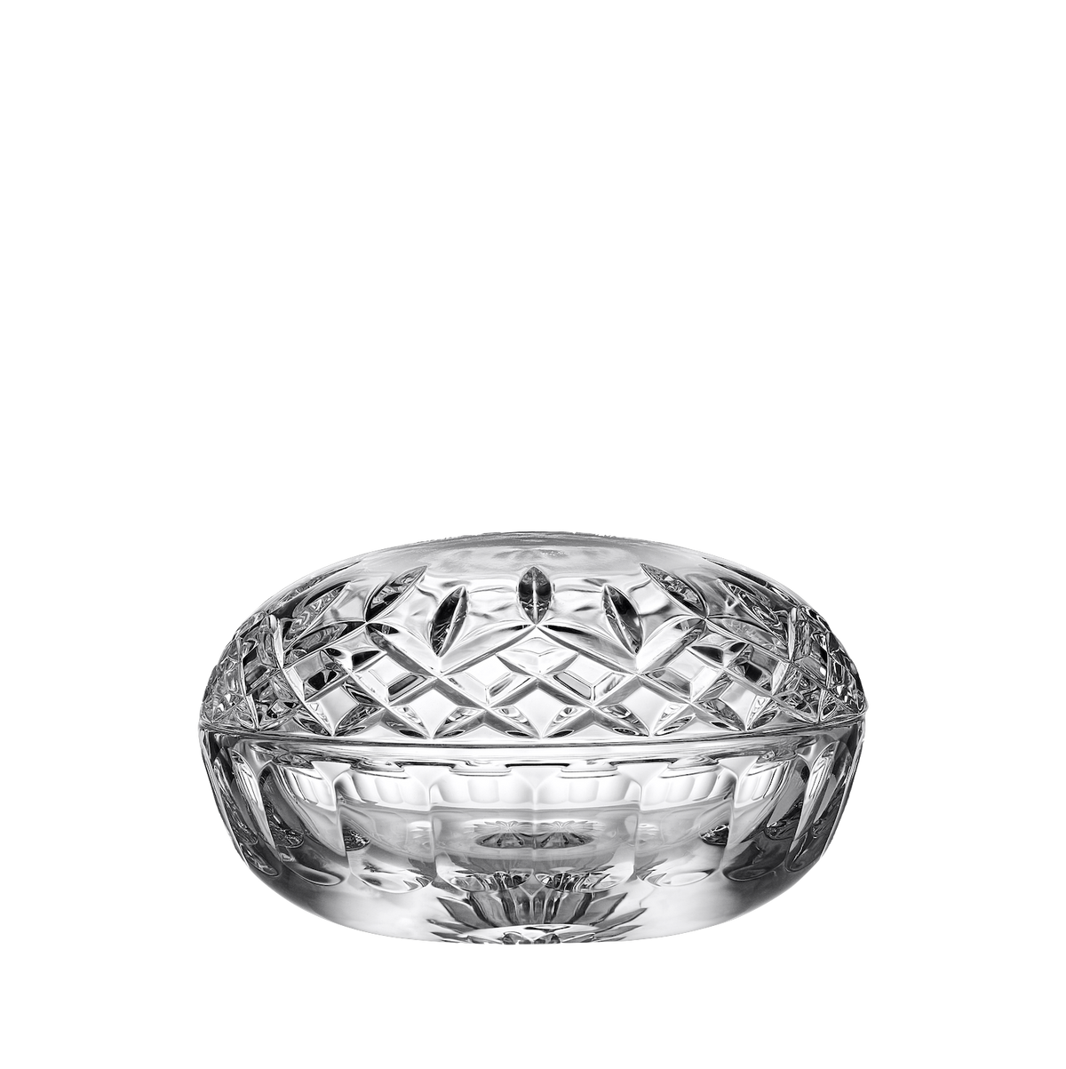 Front view of Lismore Covered Box showcasing ornate cut crystal pattern with black background