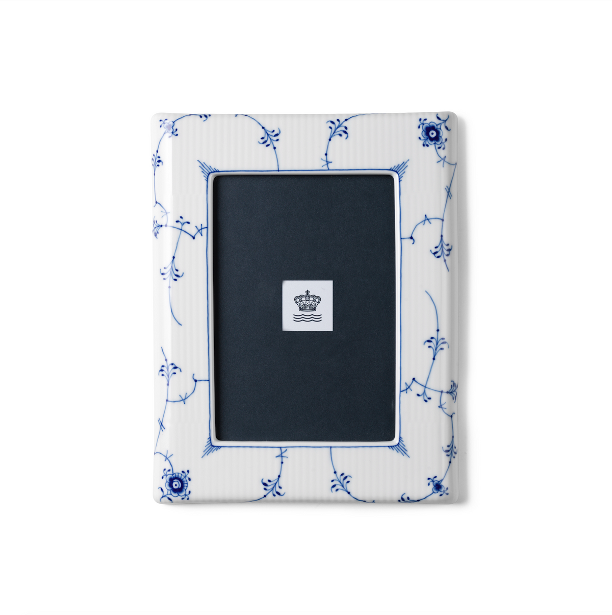 Front view of Blue Fluted Plain Picture Frame showcasing hand-painted blue floral detailing on white porcelain with a white background