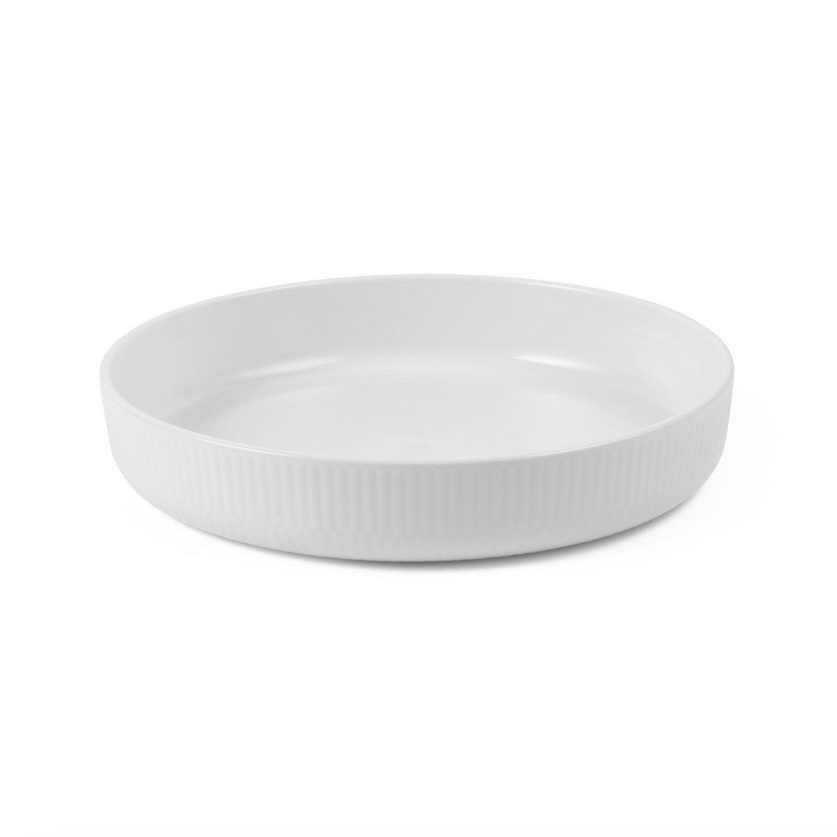 Front three-quarter view of Royal Copenhagen White Fluted 27 ovenware showcasing its fluted porcelain rim on a white background
