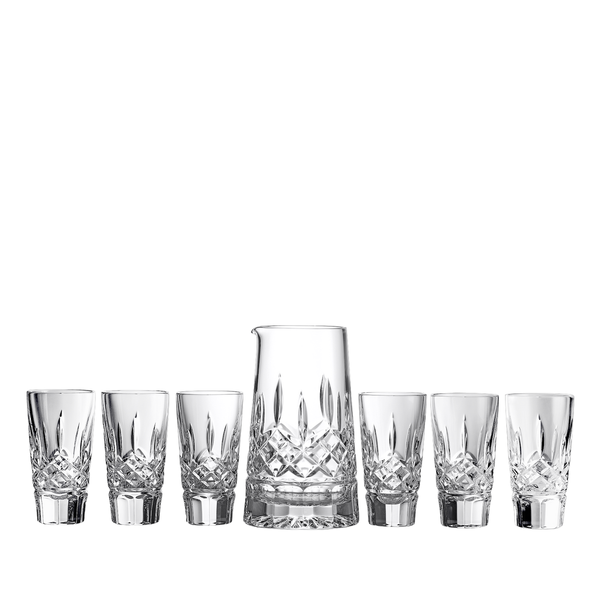 Front view of Waterford Lismore Pitcher and Shot Glass set of 7 showcasing faceted crystal cutting with a black background