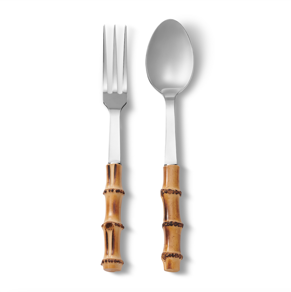 Front view of Bamboo Salad Servers showcasing bamboo handles and 18/0 stainless steel spoon and fork with a white background