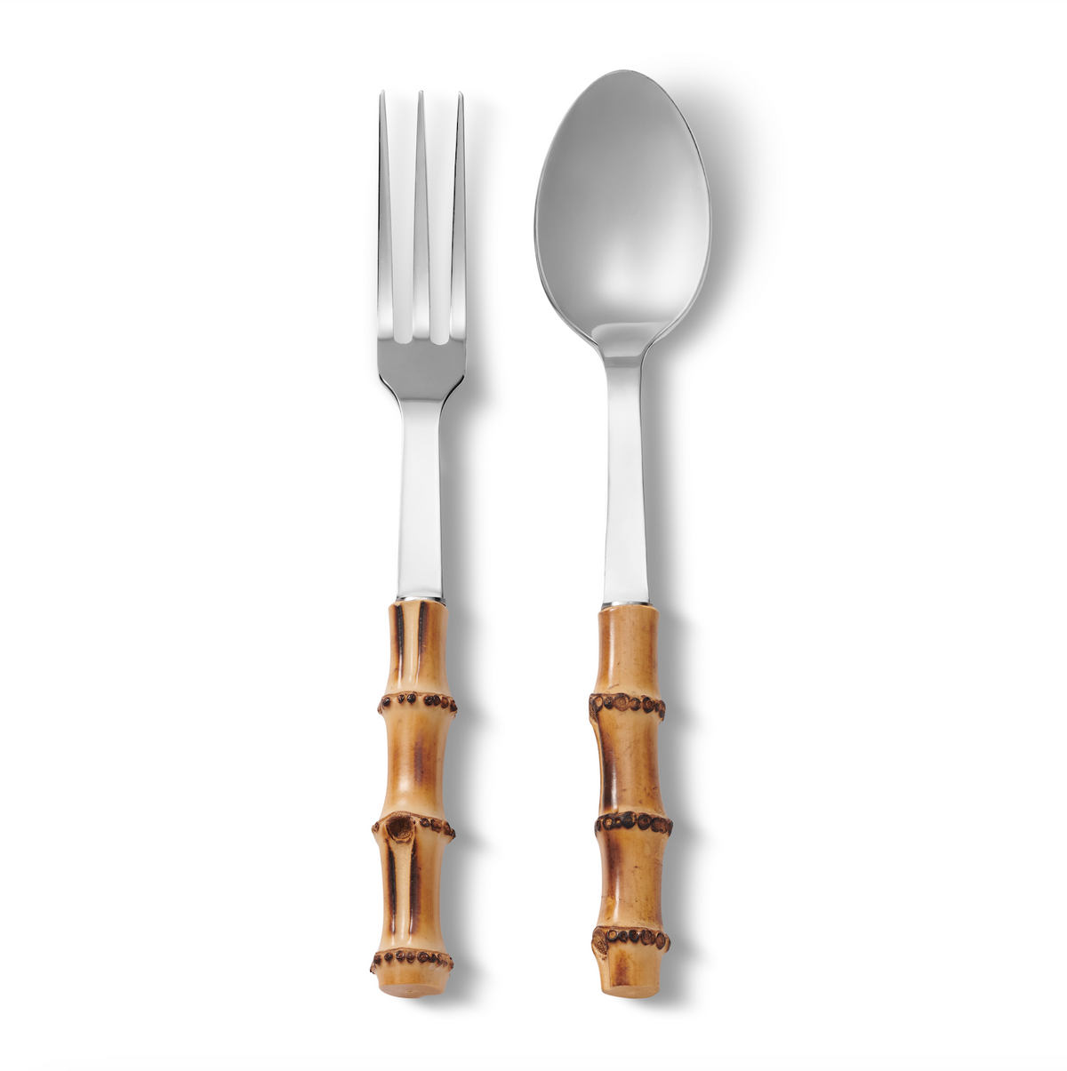 Front view of Bamboo Salad Servers showcasing bamboo handles and 18/0 stainless steel spoon and fork with a white background