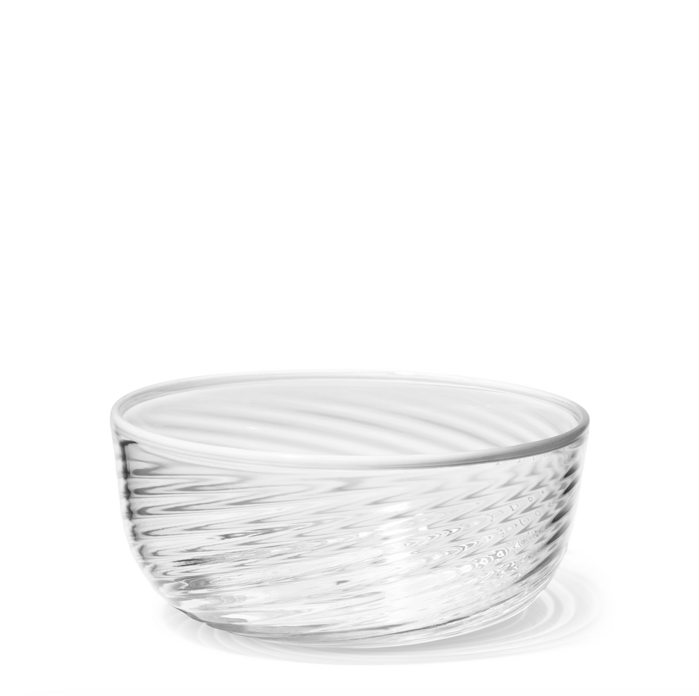 Front view of Clementina Swirl Texture Small Bowl with White Rim showcasing swirl texture in Murano glass on white background