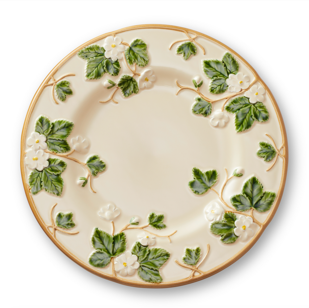 Top view of Lucca Dessert Plate in Cream showcasing hand-painted foliage and blossoms with a white background