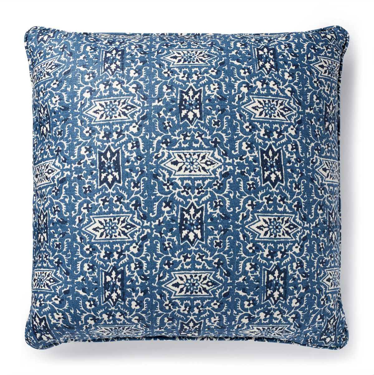 Front view of Printed Pillow in Cordoba & Blue showcasing a blue and white geometric pattern on a white background