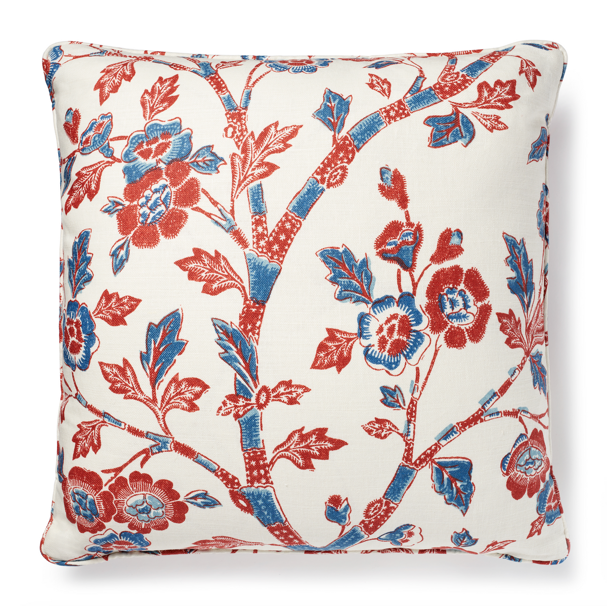 Front view of Printed Pillow in Malabar & Red showcasing red and blue floral print on cream linen with a white background