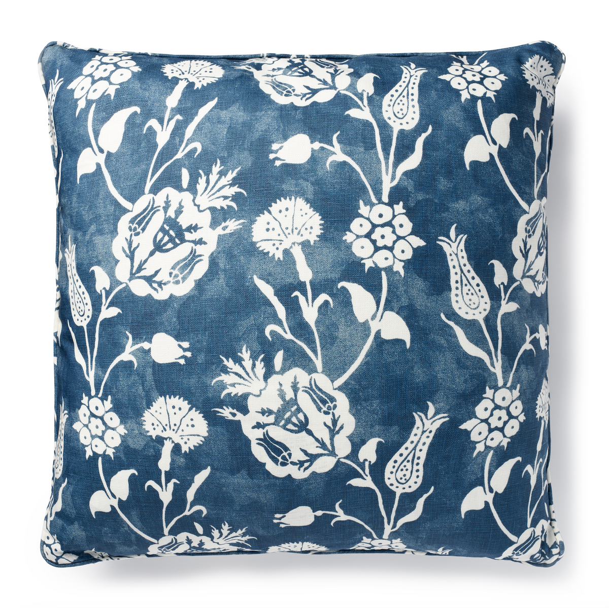 Front view of Printed Pillow in Pomegranate Reverse Blue showcasing blue linen with a white floral pattern on white