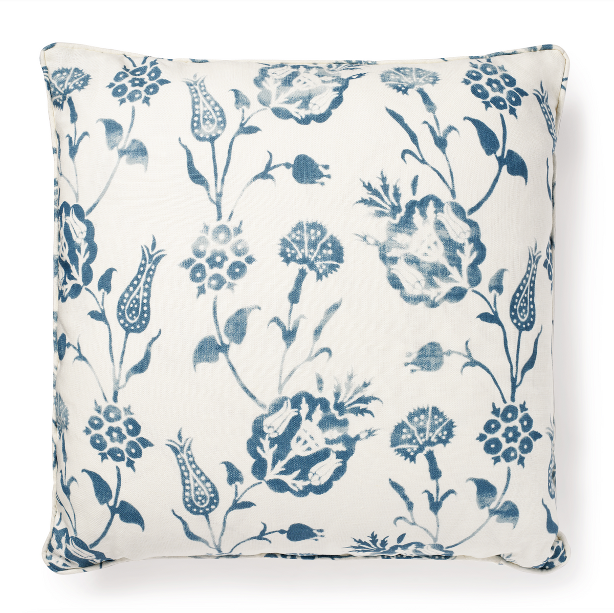 Front view of Printed Pillow in Pomegranate Cream showcasing blue botanical print on 100% linen with white background