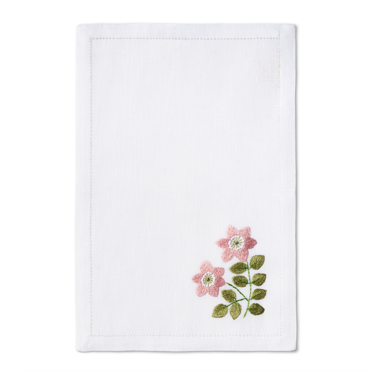 Front view of Wild Flower Embroidered Cocktail Napkins set of 4 with pink wildflowers on white linen and a white background
