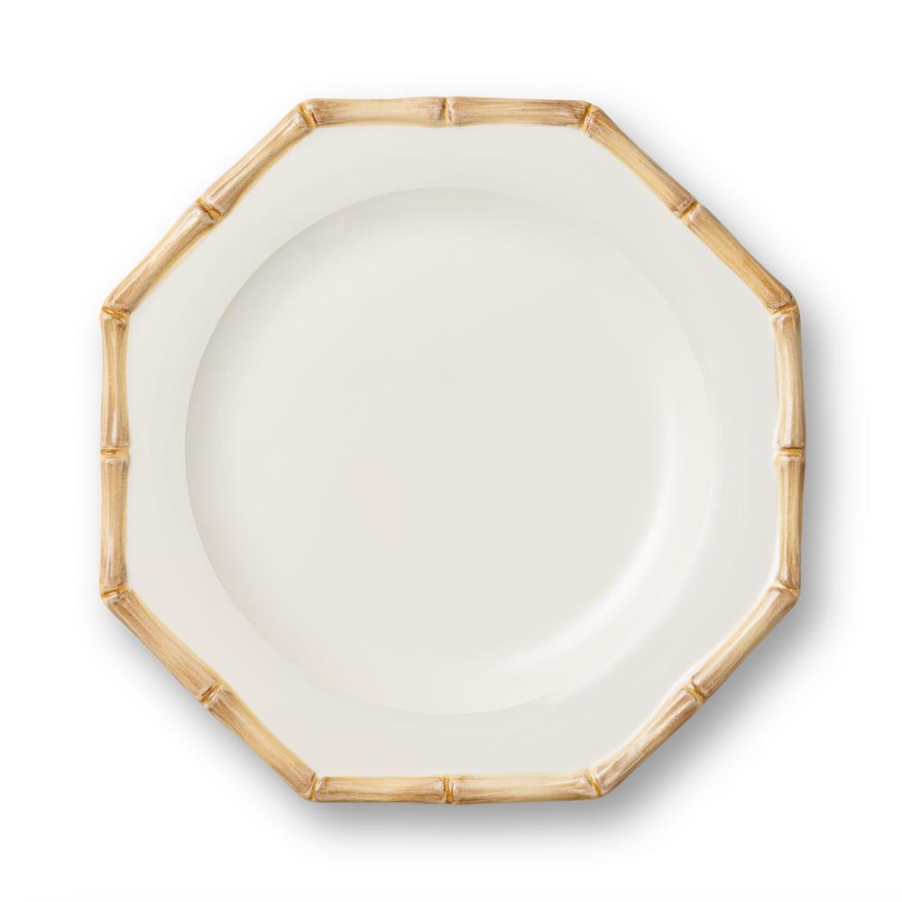 Top view of Caleen Salad Plate showcasing its hand-painted bamboo rim and geometric shape on a white background