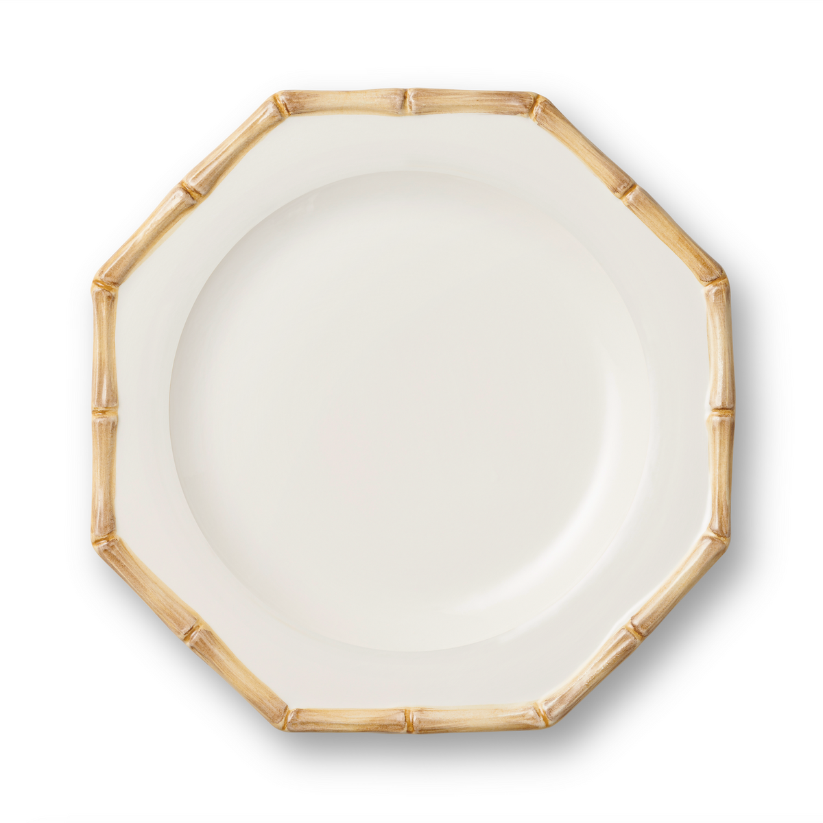 Top view of Caleen Salad Plate showcasing its hand-painted bamboo rim and geometric shape on a white background