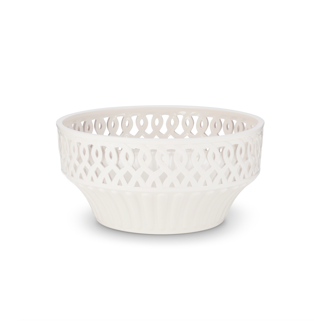 Front view of Paulette Fruit Bowl in Cream showcasing its intricate cutout design with a white background