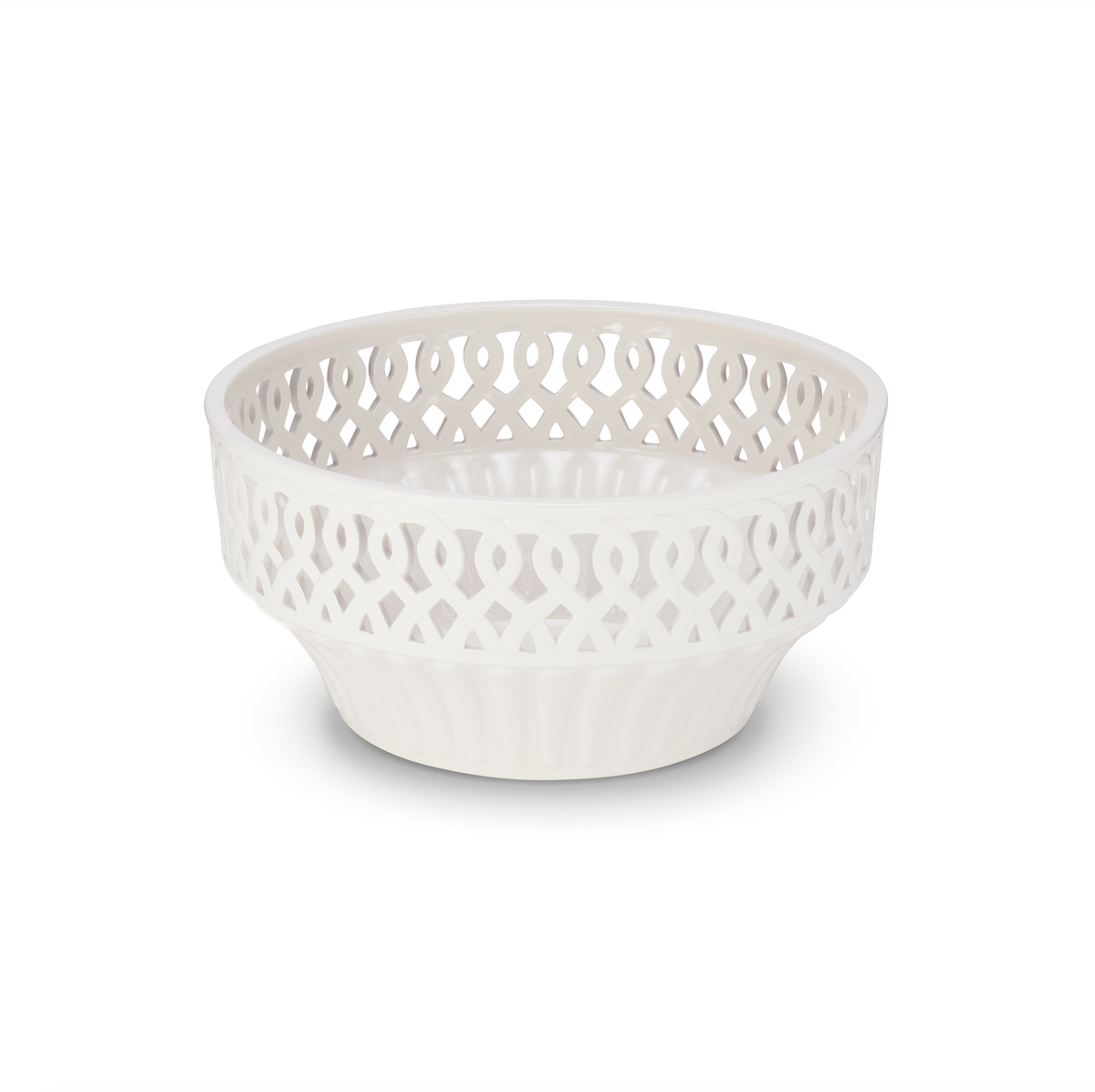 Front view of Paulette Fruit Bowl in Cream showcasing its intricate cutout design with a white background