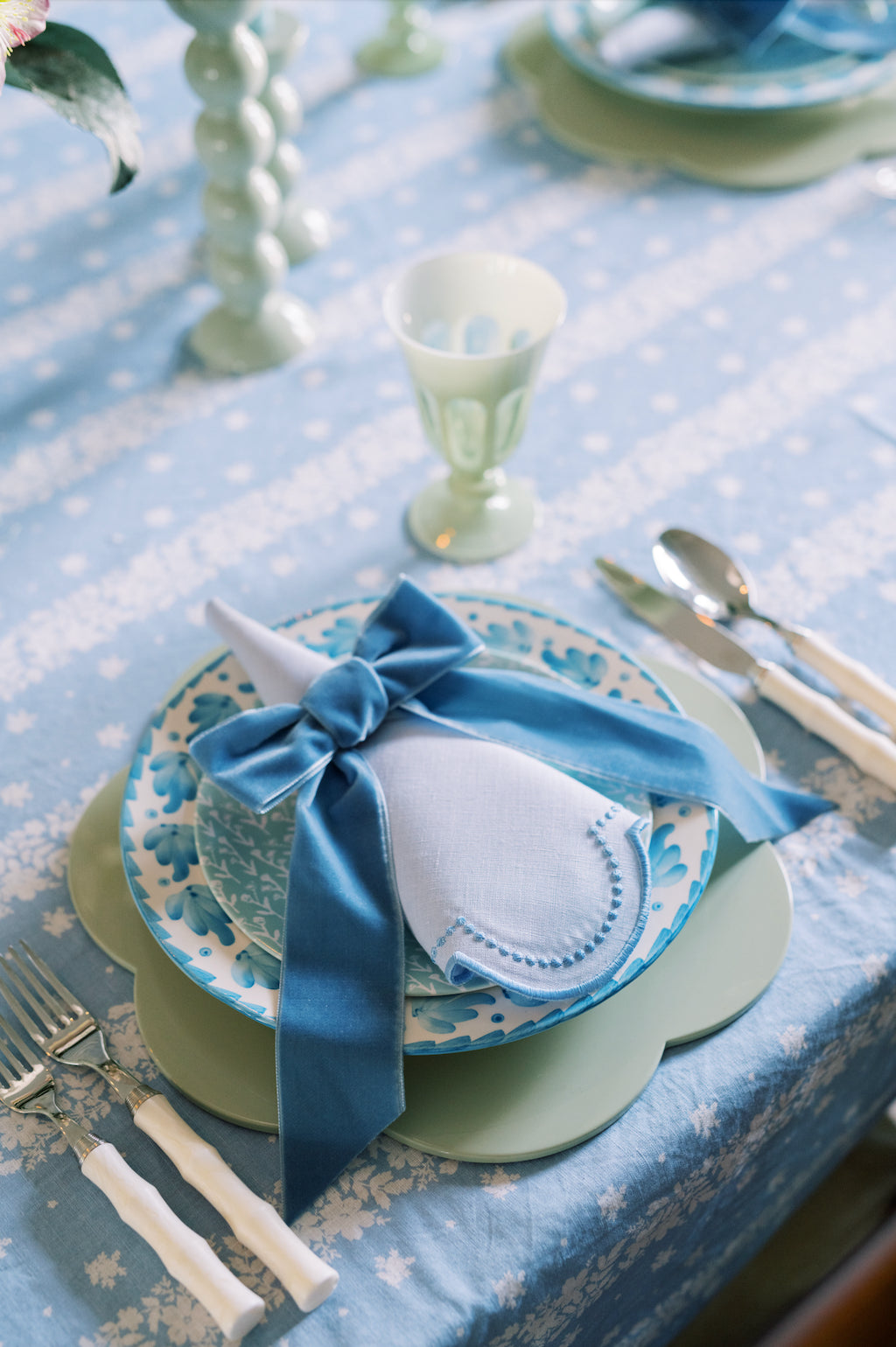 Blue Dotted White Linen Napkin and Placemat, Set of  2