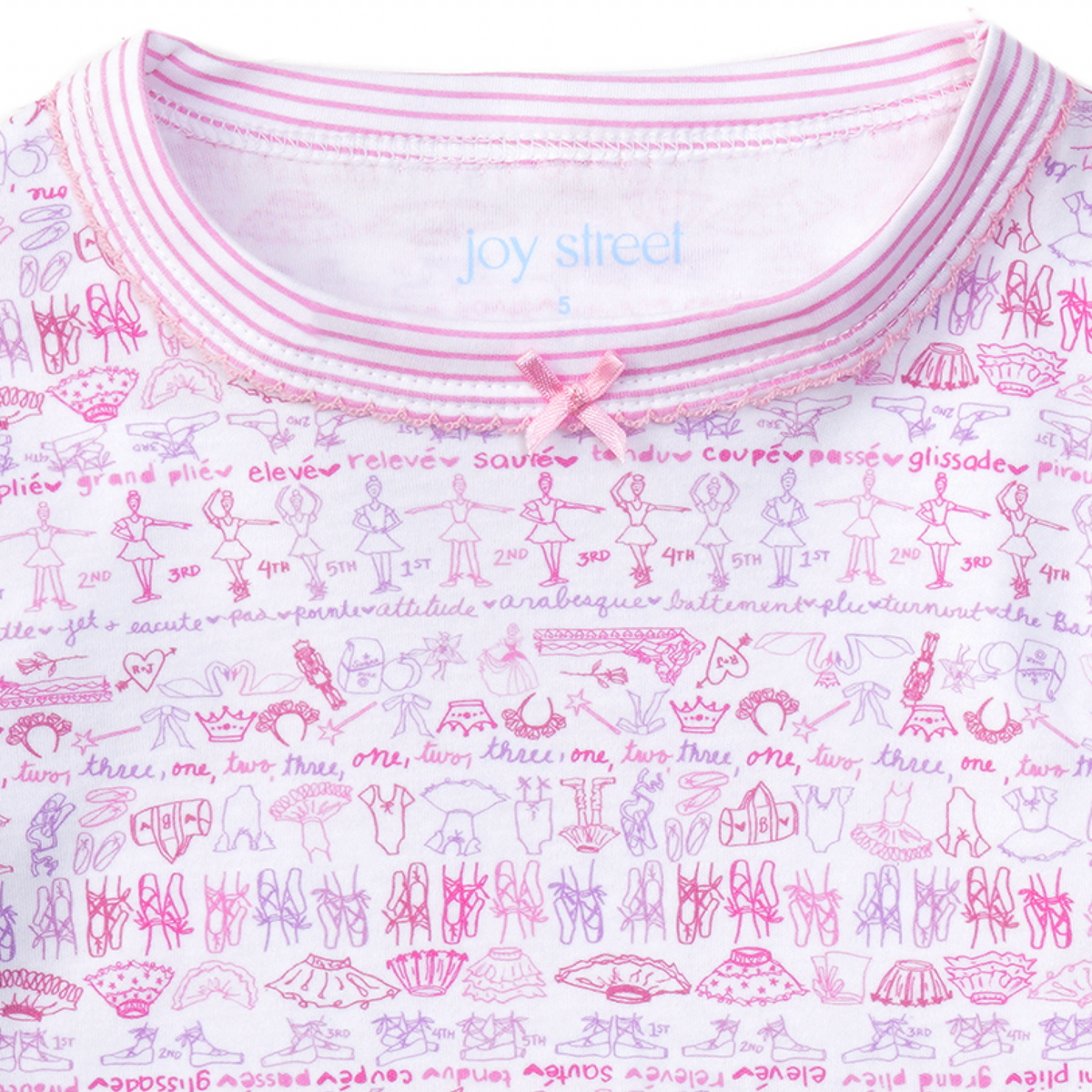 Close-up of Joy Street ballet two-piece pajamas showcasing a pink ballet-themed print and scoop neckline